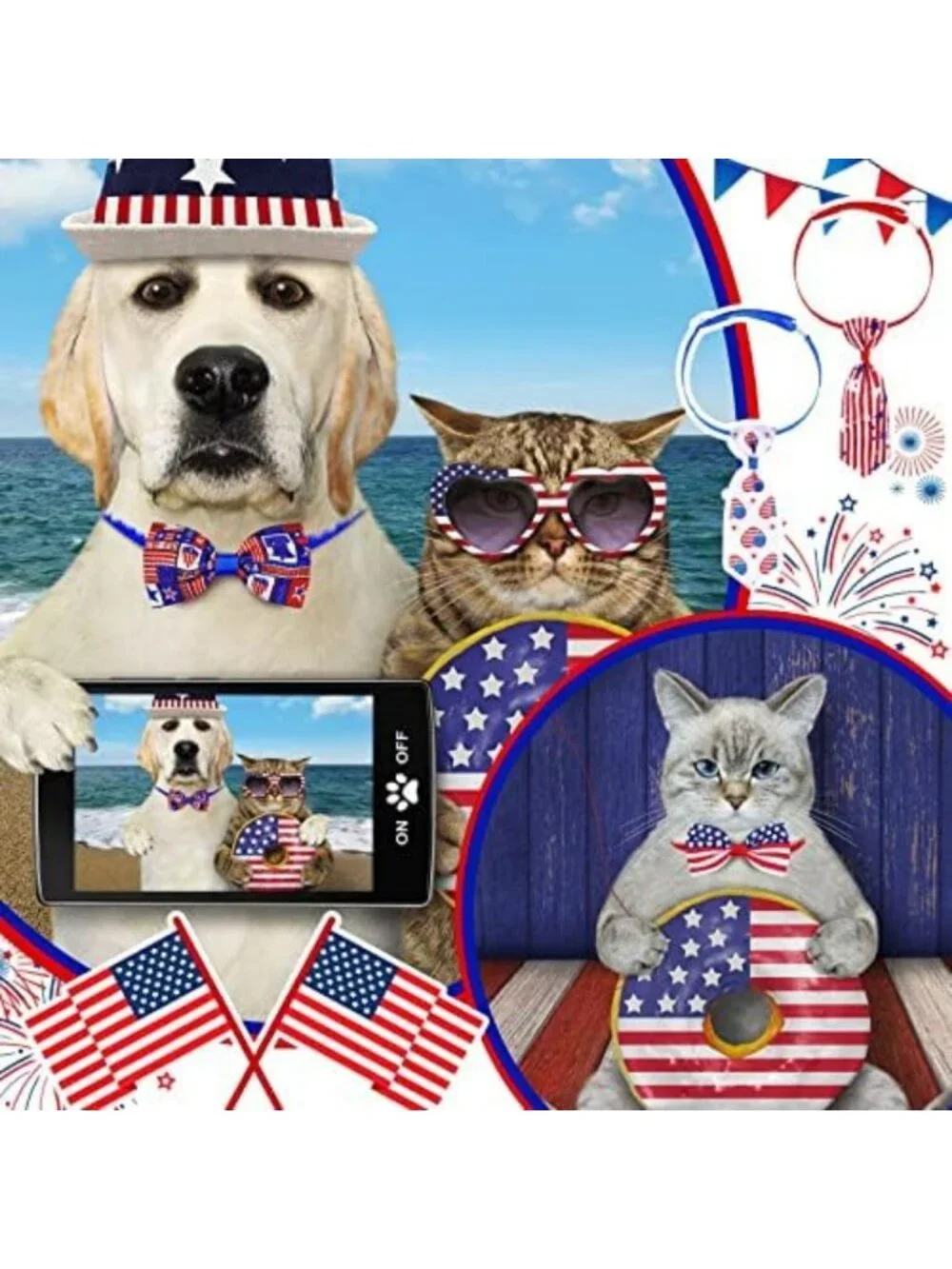120 Pcs Patriotic Dog Bow Ties - 4th of July Red White Blue Adjustable Collars
